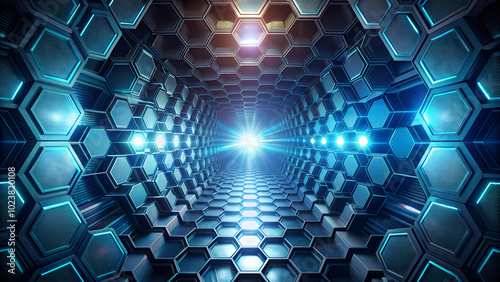 Hexagonal background with depth effect and bright light accents, creating a high-tech tunnel illusion
