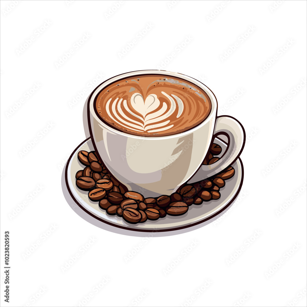 cup of coffee with beans,coffee, cup, drink, cafe, espresso, cappuccino, breakfast, beverage, white, hot, caffeine, brown, latte, isolated, saucer, food, morning, black, mug, milk, aroma, closeup, cup