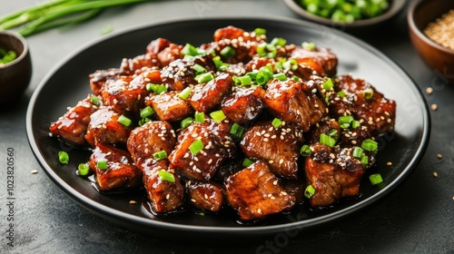 Delicious Glazed Meat Dish with Green Onions and Sesame