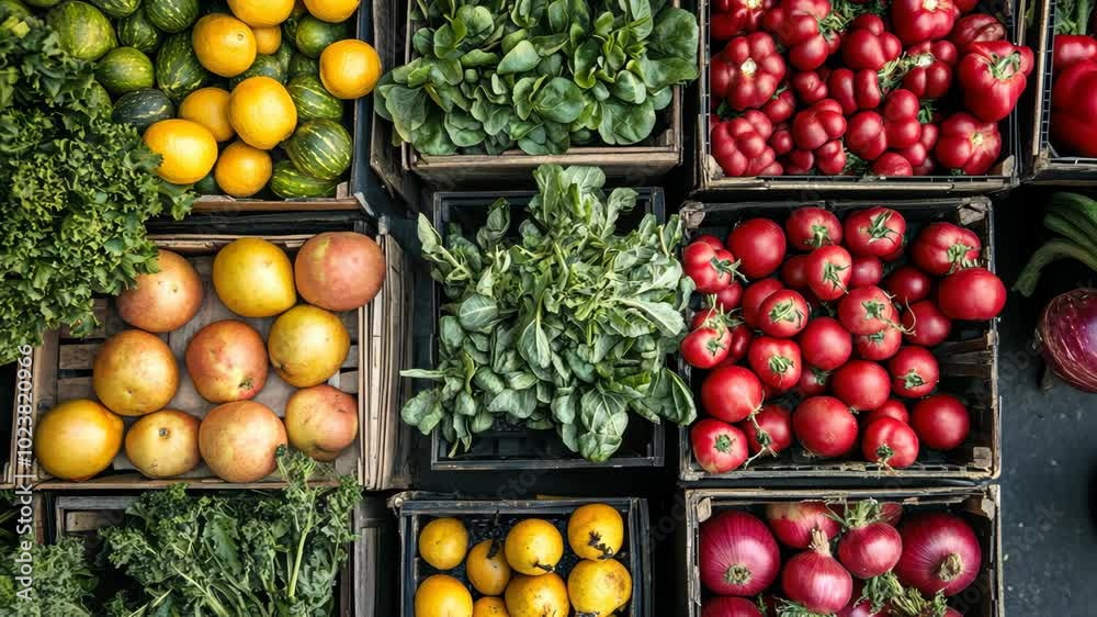 Fresh produce sits in wooden crates at a market Fresh produce sits in wooden crates at a market
