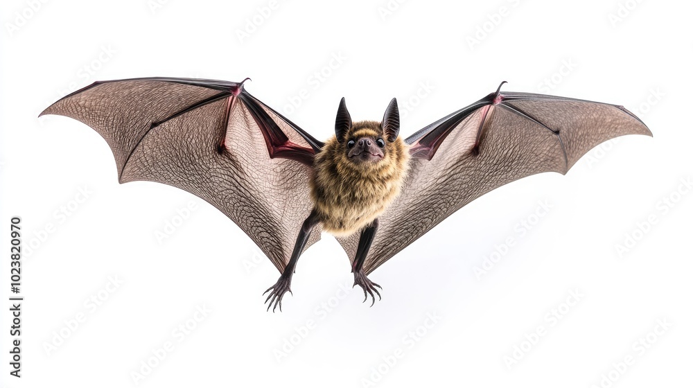 Obraz premium A bat captured in motion, its wings extended, isolated on a clean white background for a simple yet striking effect.