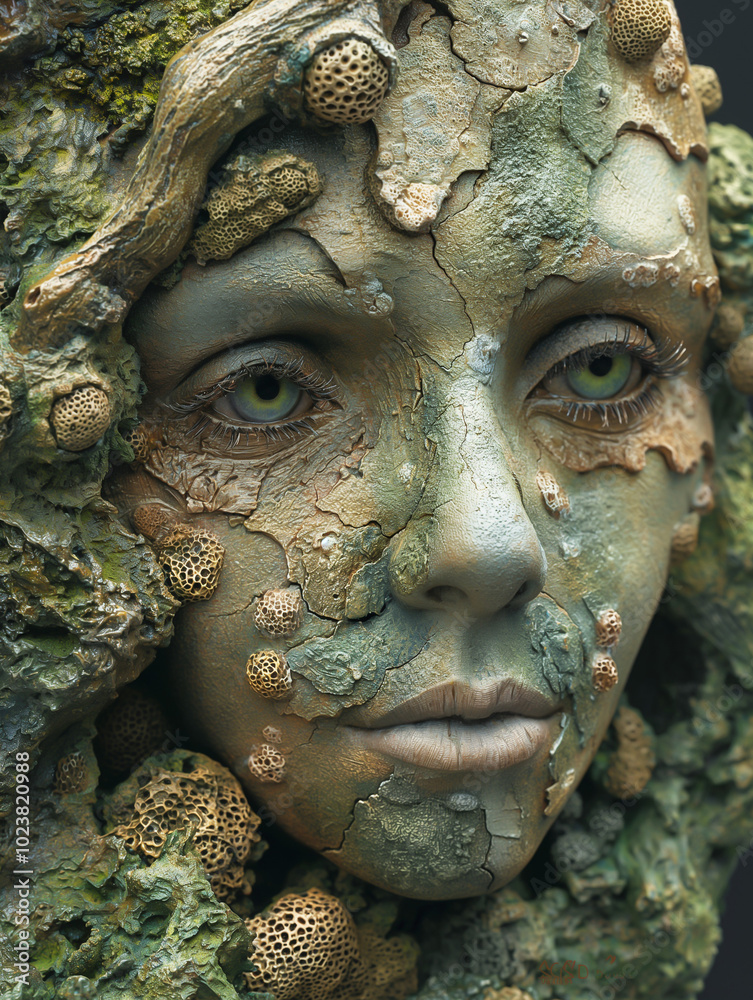 Face of Nature, Woman Made of Plants and Tree Bark. Fantasy, Mythology, Forest God Spirit, Magical Being, Book Cover. Sustainability, Ecology, Planet Earth. Climate Change, Pollution, Biodiversity