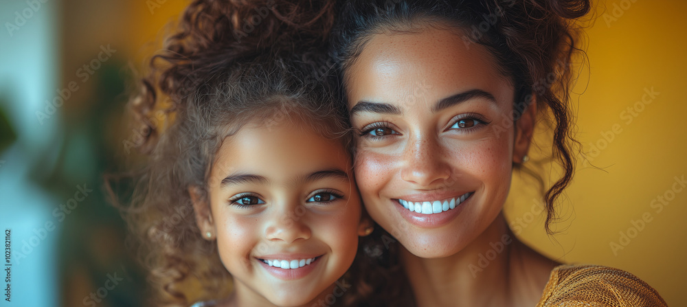 Obraz premium Happiness of mother and daughter in natural environment, with blurred background and space to add text.