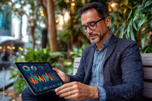 Professional man reviewing analytics on tablet in urban outdoor setting photo