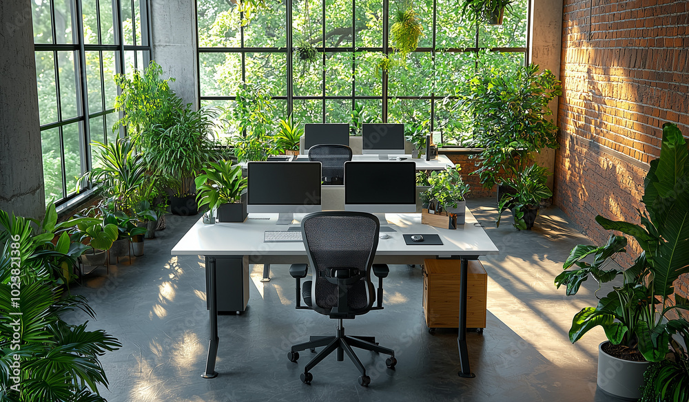 Modern Open Plan Office with White Tables, Ergonomic Chairs, and Greenery Modern Open Plan Office with White Tables, Ergonomic Chairs, and Greenery