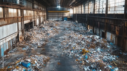 A derelict factory floor filled with waste piles and debris, symbolizing neglect and environmental harm.