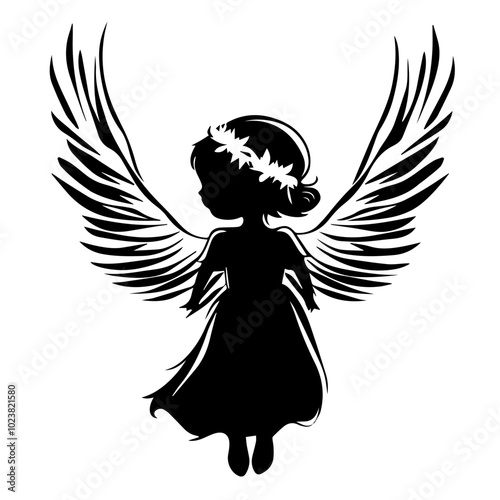 Flying Angel Girl Silhouette with Floral Crown and Wings