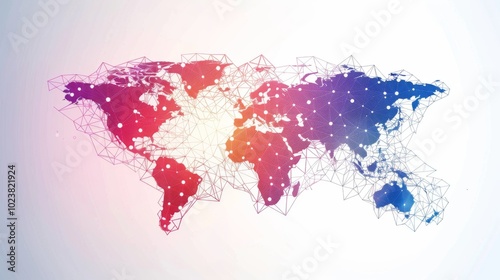 Abstract world map with geometric network connections in a gradient of red, blue, and purple, symbolizing global connectivity and technology.