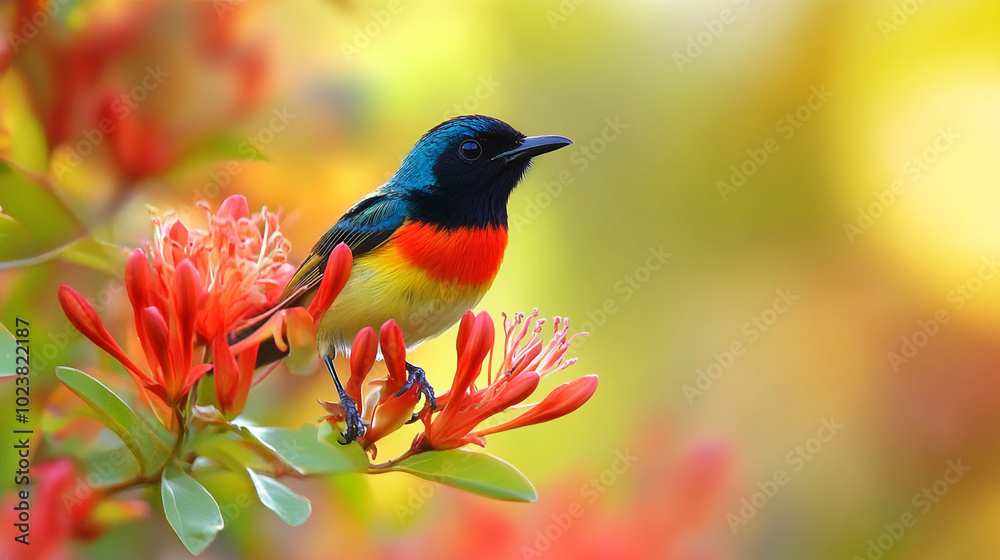 Colorful Bird Perched on Red Flower Branch in Nature Colorful Bird Perched on Red Flower Branch in Nature