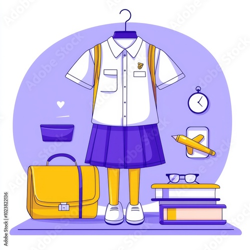 This is a school uniform article page modern template. Pupils fashion. Brochure, magazine, booklet design element with linear icons and text boxes. Print design. Concept illustrations with text photo