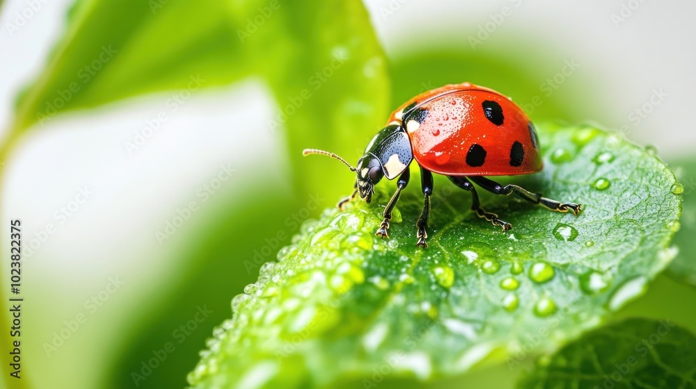 Naklejka premium A ladybug with black spots on its red shell sits on a dew-covered green leaf.