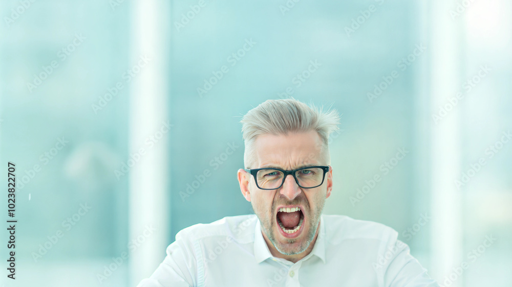 Frustrated businessman expressing anger in office setting Frustrated businessman expressing anger in office setting