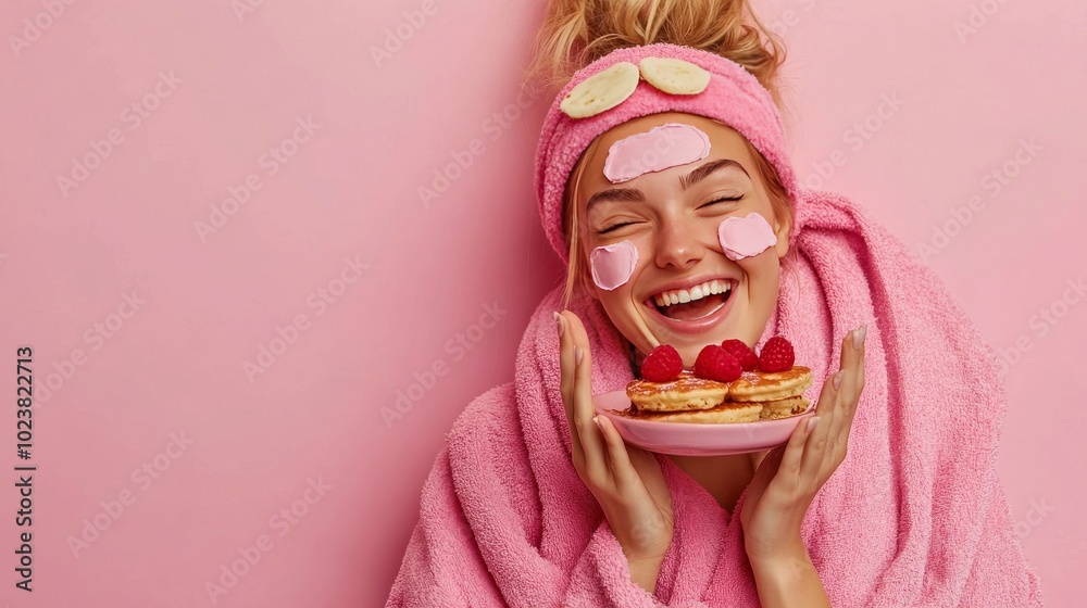 Cheerful woman enjoys pancakes with raspberries, wearing a sleep mask and beauty patches.