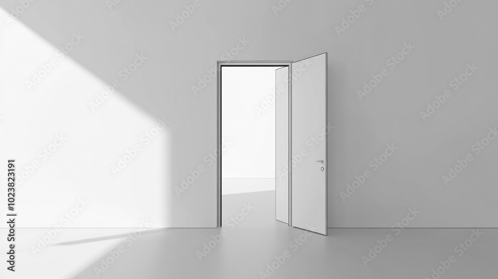 Open Door in Minimalist White Room with Sunlight Open Door in Minimalist White Room with Sunlight