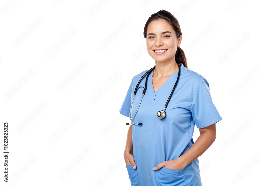 Smiling Young Female Nurse in Blue Scrubs with a Stethoscope. Portrait. Isolated on Transparent Background. PNG. Smiling Young Female Nurse in Blue Scrubs with a Stethoscope. Portrait. Isolated on Transparent Background. PNG.