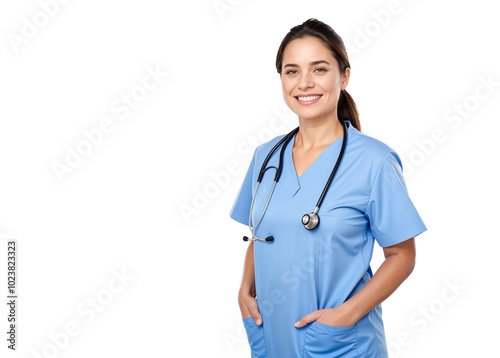 Smiling Young Female Nurse in Blue Scrubs with a Stethoscope. Portrait. Isolated on Transparent Background. PNG.