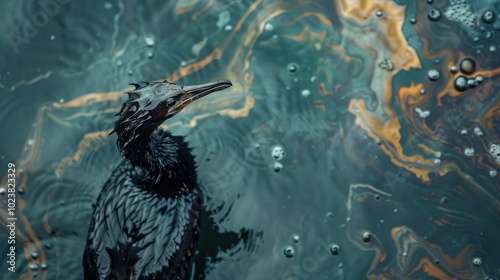 A bird coated in oil floats on a surface with swirling, colorful oil pollution. A striking image of environmental disaster and the effects of oil spills on wildlife photo