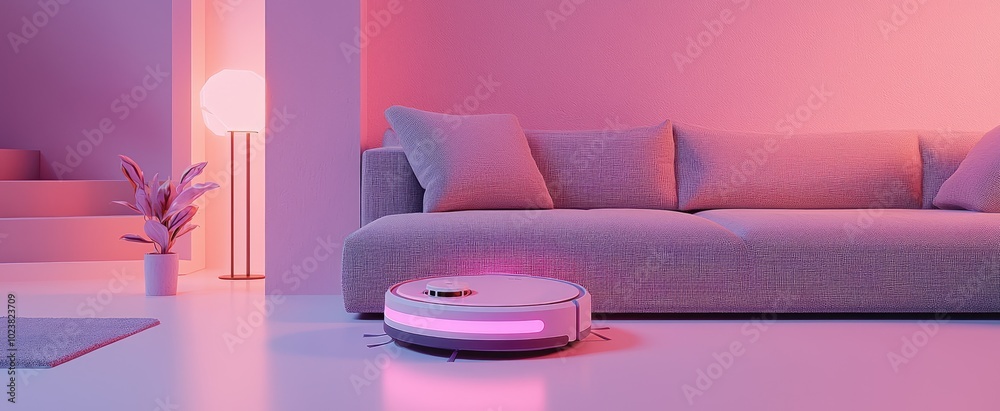 Robot Vacuum Cleaner in Minimalist Pink Living Room Robot Vacuum Cleaner in Minimalist Pink Living Room