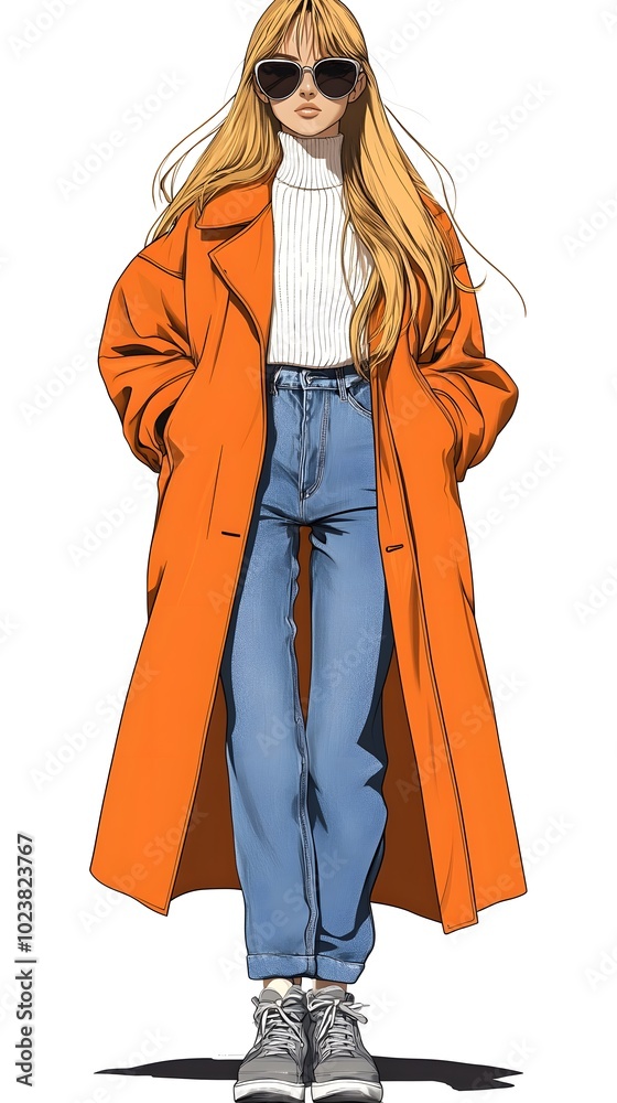A blonde woman with long hair wearing an oversized orange coat, a white sweater, and blue jeans is walking towards the camera A blonde woman with long hair wearing an oversized orange coat, a white sweater, and blue jeans is walking towards the camera