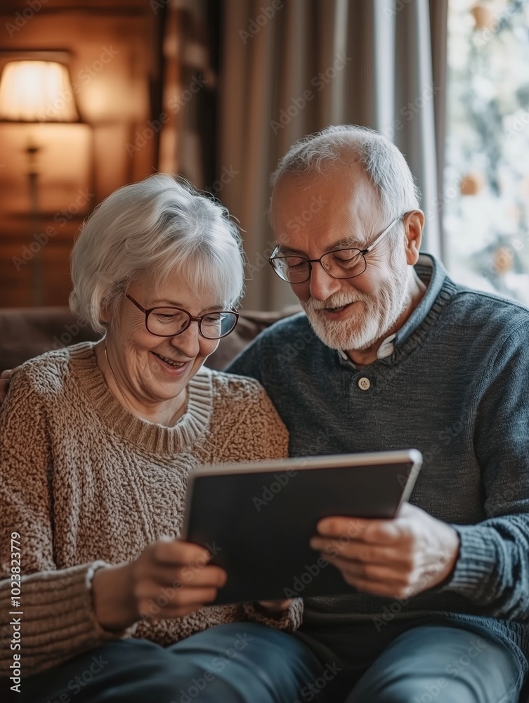 Smiling Senior Couple Using a Tablet Together in a Cozy Living Room