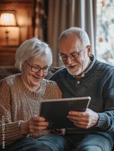 Smiling Senior Couple Using a Tablet Together in a Cozy Living Room