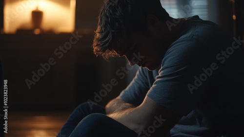 Young man sitting alone in a dimly lit room, looking down photo