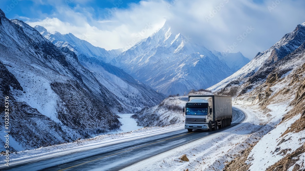 A truck traveling along a winding, snow-covered mountain road with towering peaks in the distance. A truck traveling along a winding, snow-covered mountain road with towering peaks in the distance.