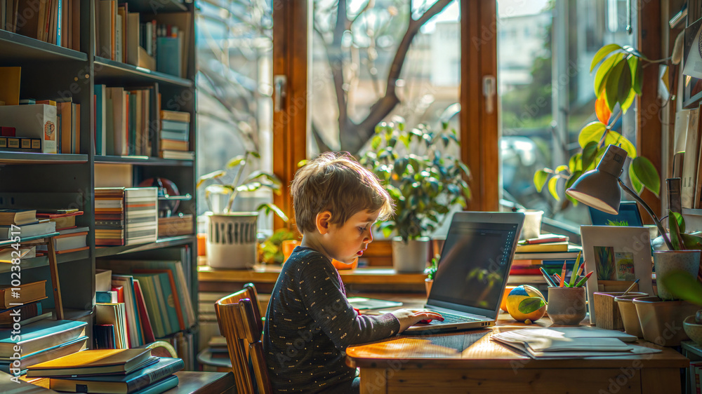Young boy learning on laptop in a cozy library setting Young boy learning on laptop in a cozy library setting
