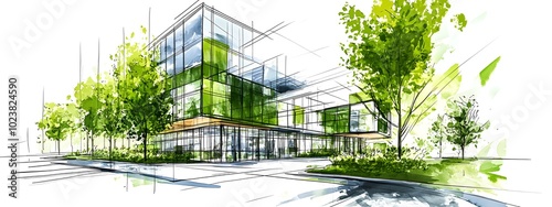 A sketch of an office building with green sustainable features on the facade, located in downtown
