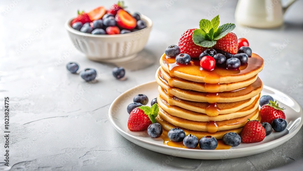 Minimalist Pancakes with Berries and Syrup on a White Table