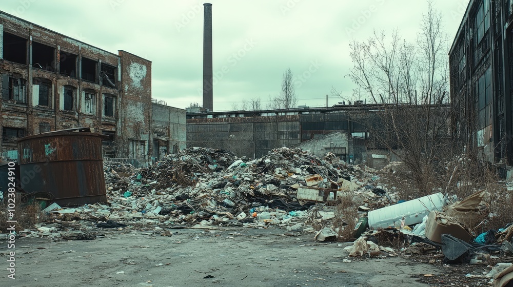 Piles of waste and trash in an abandoned industrial complex, emphasizing urban decline and pollution. Piles of waste and trash in an abandoned industrial complex, emphasizing urban decline and pollution.