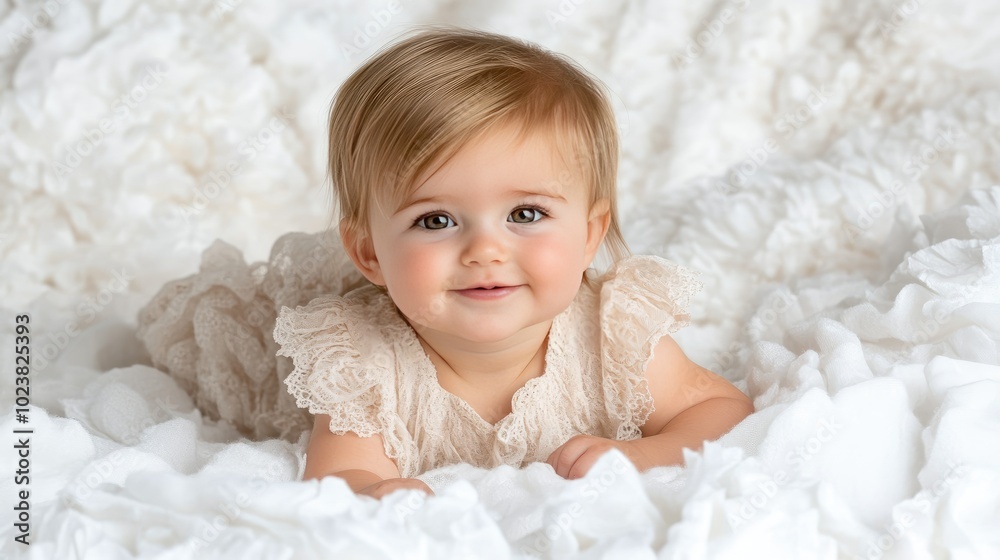 A beautiful baby girl beams with happiness in a well-lit studio, wearing an off-white dress. Her sparkling eyes reflect joy as she lies comfortably on her stomach A beautiful baby girl beams with happiness in a well-lit studio, wearing an off-white dress. Her sparkling eyes reflect joy as she lies comfortably on her stomach