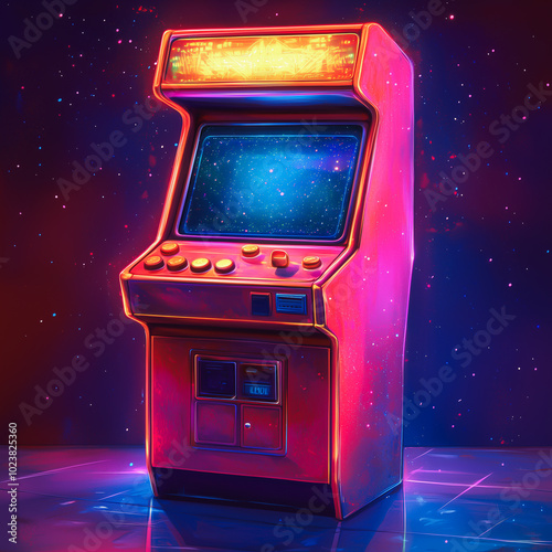 Retro arcade machine glowing in neon lights on a futuristic floor, nostalgic gaming.
 photo