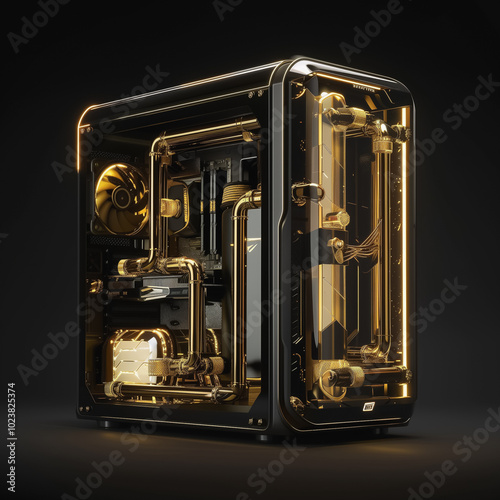 Sleek black and gold custom gaming PC with advanced cooling system on black background.
 photo