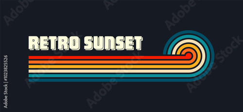 Vintage sunset collection. Various colorful striped sunrise badges in 80s and 90s style. Sun and ocean view, summer vibes, surfing. Design element for print, logo or t-shirt. Vector illustration