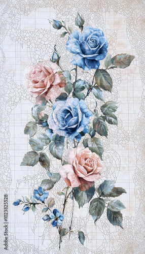 Vintage-inspired floral design with pastel blue and pink roses on soft plaid background.
 photo