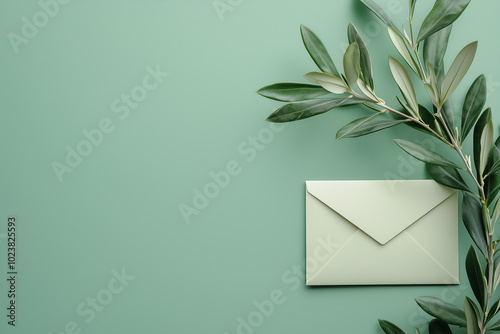 Minimalist green envelope and olive branch against pastel green background.
 photo