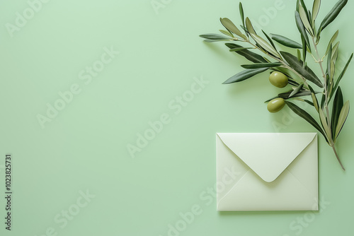 Minimalist green envelope surrounded by olive branches on a soft pastel background.
 photo