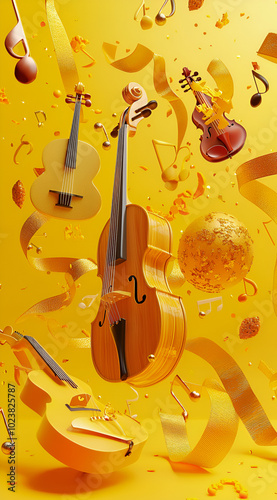 Three violins surrounded by musical notes and golden ribbons on a warm yellow background.
 photo