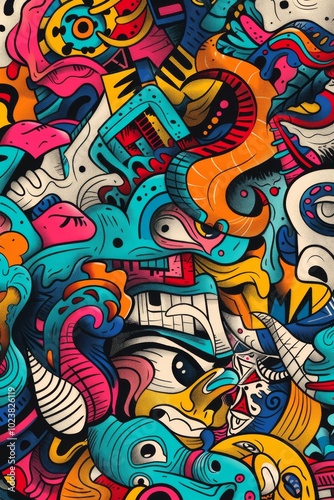 A dynamic and colorful abstract graffiti artwork featuring vibrant shapes, patterns, and bold lines.