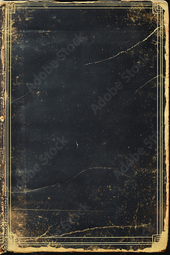 Worn-out black leather book cover with aged gold accents and scuffed edges.
