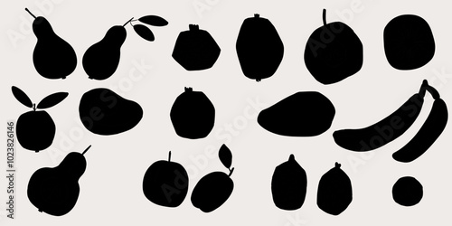 Set of black silouette of different fruits banana, plum, apple, pear, avocado, pomegranade, fig