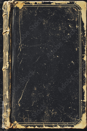 Worn-out black leather book cover with aged gold accents and scuffed edges.
 photo