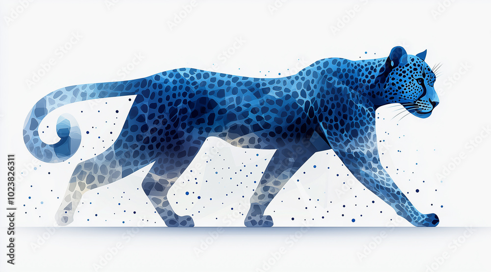 Fototapeta premium Blue mosaic panther walking elegantly in a sleek abstract artistic style. 