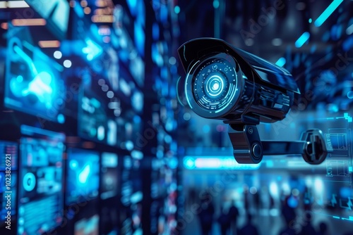 A high-tech security camera in a futuristic control room, surrounded by digital screens and data displays, showcasing advanced surveillance technology.