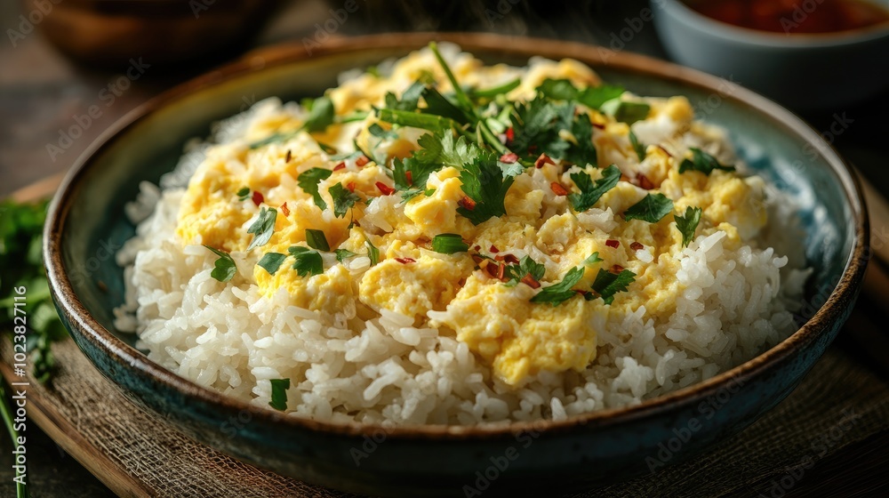 Flavorful Scrambled Eggs on Steamed White Rice Flavorful Scrambled Eggs on Steamed White Rice