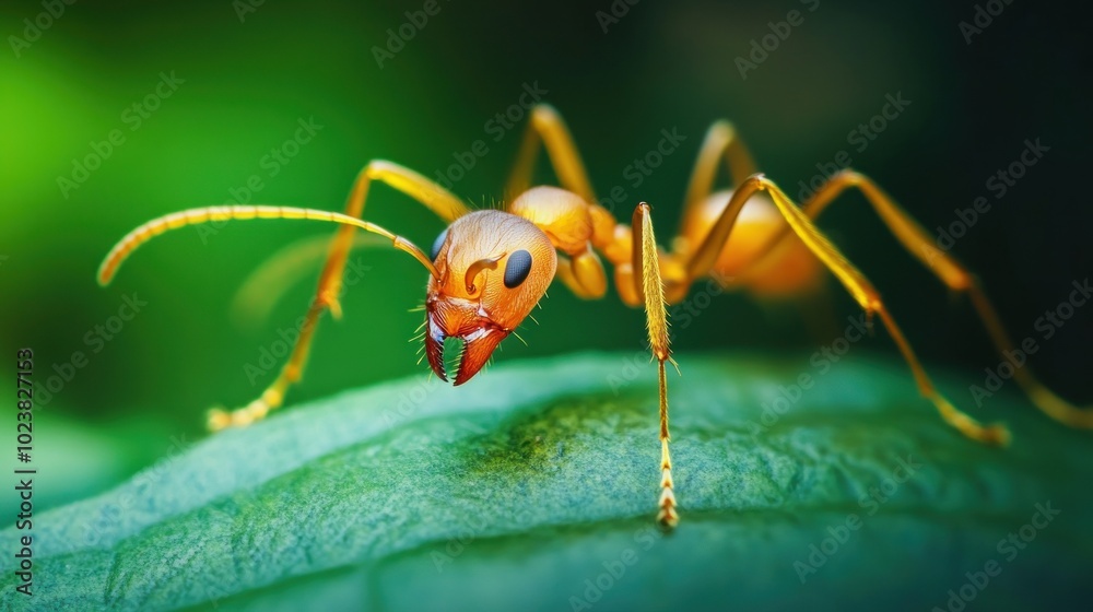 A close-up of a red ant on a green leaf. A close-up of a red ant on a green leaf.