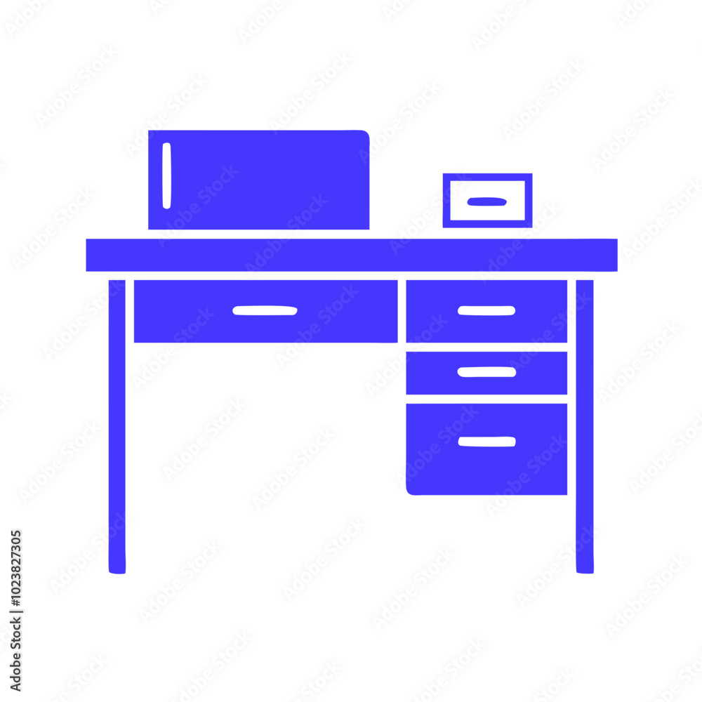 Blue desk icon, minimalistic design, geometric shape Blue desk icon, minimalistic design, geometric shape