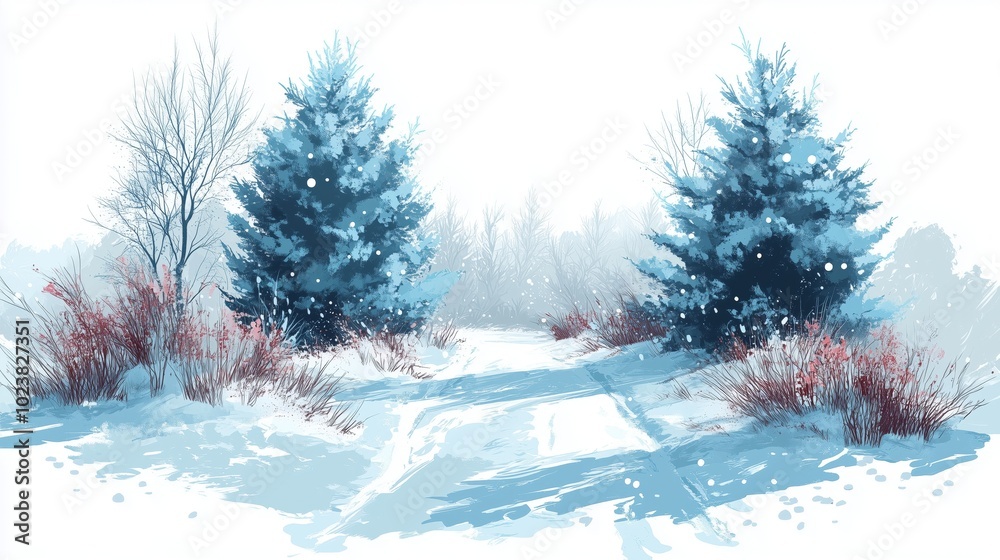Fototapeta premium Snowy Winter Landscape with Evergreen Trees and Red Bushes – Serene Seasonal Illustration