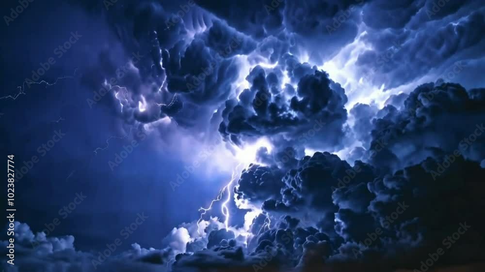 A dramatic overhead drone shot of a stormy city at night, with lightning bolts striking various parts of the skyline A dramatic overhead drone shot of a stormy city at night, with lightning bolts striking various parts of the skyline